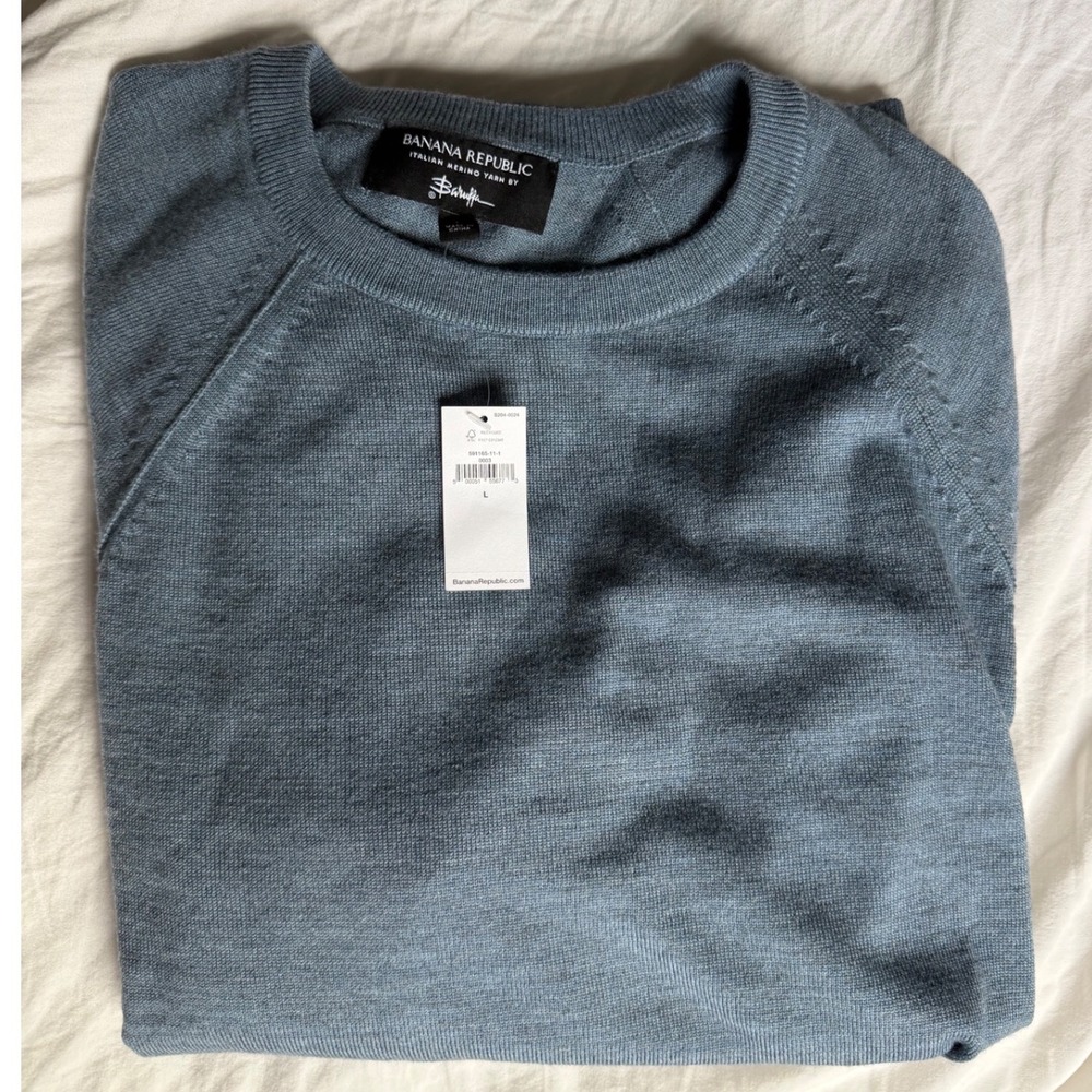 Banana Republic Mens Italian Merino Wool Sweater Blue Grey Zegna Baruffa L NWT